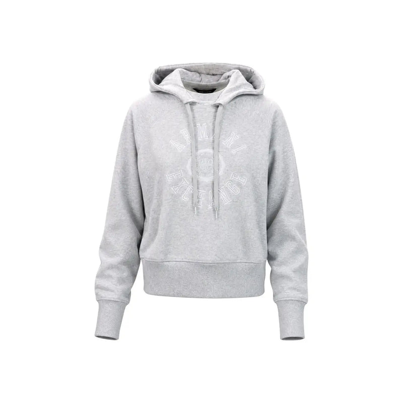 Armani Exchange Grauer Damen-Hoodie aus Baumwolle mit dezenter Struktur und weißem, rundem Logo auf der Brust.