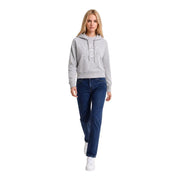 Armani Exchange Grauer Damen-Hoodie aus Baumwolle mit hellgrauer Kapuze und dezenter Stickerei auf der Vorderseite.