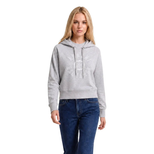 Armani Exchange Grauer Damen-Hoodie aus Baumwolle mit weißem, rundem Logo und Kordelzug für die Freizeit.