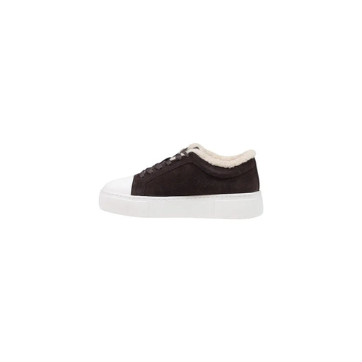 Armani Exchange Damen-Sneaker aus Leder, braun, niedrigtop dunkelbraunes Wildleder mit weißer Sohle und cremefarbenem Lammfellfutter