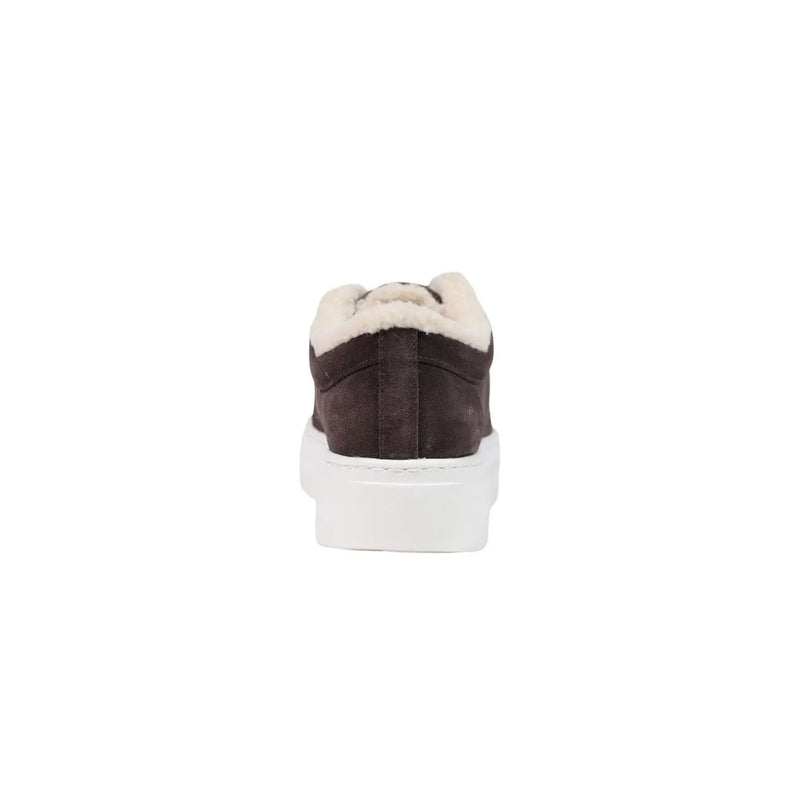 Armani Exchange Damen-Sneaker aus braunem Leder mit braunem Wildleder, weißer Gummisohle und cremefarbenem Lammfellfutter
