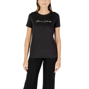 Black armani exchange women short cotton t shirt with white cursive logo for fall winter wear