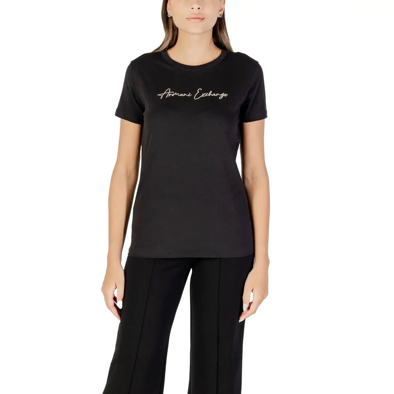 Black armani exchange women short cotton t shirt with white cursive logo for fall winter wear