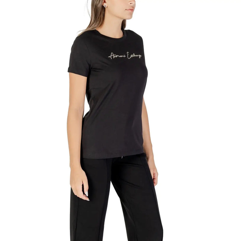 Armani Exchange women short black round neck cotton t shirt with white cursive logo for fall winter wear