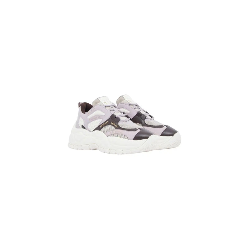 Armani Exchange Damen-Sneaker zum Hineinschlüpfen aus lilafarbenem Polyurethan mit hellvioletten und schwarzen Details und klobiger weißer Sohle