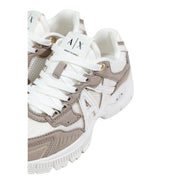 Armani Exchange Damen-Sneaker aus braunem Elastan-Polyamid mit weißem und taupefarbenem Mesh-Leder und klobiger weißer Sohle