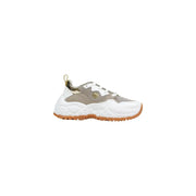 Armani Exchange Weiße Damen-Sneaker aus Polyurethan mit beigen, grobmaschigen Einsätzen, goldfarbenem Logo und Gummisohle
