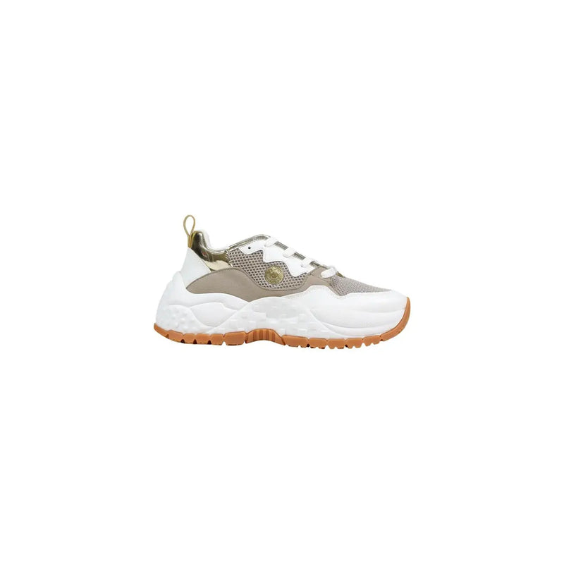 Armani Exchange Weiße Damen-Sneaker aus Polyurethan mit beigen, grobmaschigen Einsätzen, goldfarbenem Logo und Gummisohle