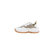 Armani Exchange Damen-Sneaker aus weißem Polyurethan mit beigen Mesh-Einsätzen, goldfarbener Fersenlasche und Gummisohle