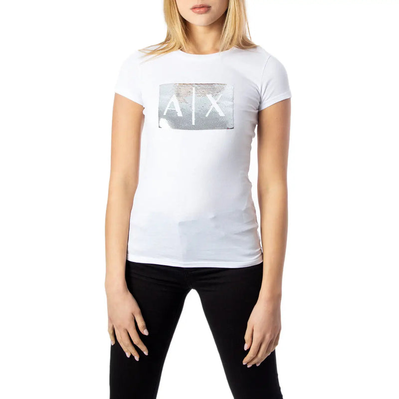 Armani Exchange Damen weiße Baumwolle t-shirt mit silbernem Pailletten-Axt-Logo auf der Brust