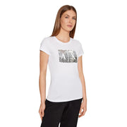 Armani Exchange Damen weiße Baumwolle t-shirt mit einem auffälligen, paillettenbesetzten Axt-Logo auf der Brust