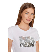 Armani Exchange Damen weiße Baumwolle t-shirt mit kurzen Ärmeln und einem auffälligen rechteckigen silbernen Paillettenlogo auf der Vorderseite