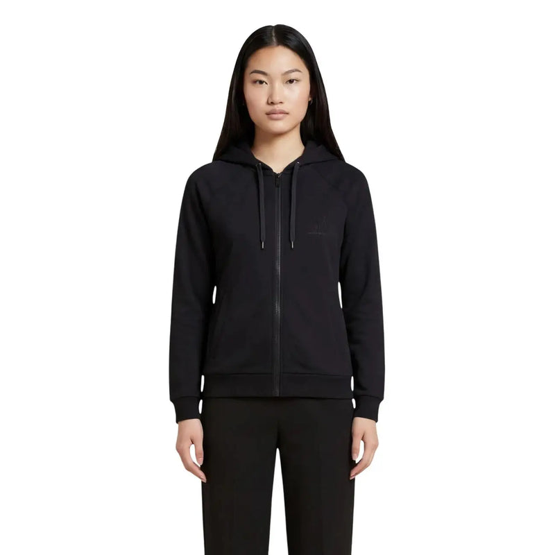 Armani Exchange Schwarzer Damen-Kapuzenpullover mit Reißverschluss und dezentem Brustlogo aus weichem, bequemem Material für die Freizeit.