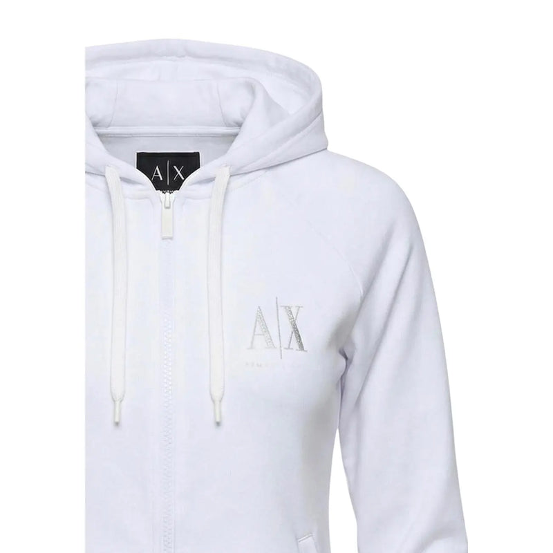 Armani Exchange Weißer Damen-Kapuzenpullover mit Reißverschluss, dezentem silbernen Logo und passenden Kordelzügen für die Freizeit.