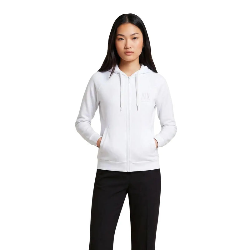 Armani Exchange Weißer Damen-Kapuzenpullover mit dezentem Logo auf der Brust, Reißverschluss vorne und passenden Kordelzügen