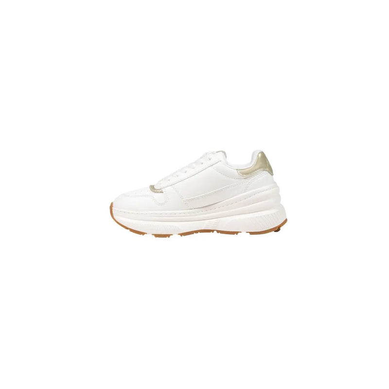 Armani Exchange Weiße Damen-Sneaker aus Polyurethan zum Hineinschlüpfen mit dicker Sohle und goldfarbener Fersenlasche (Rückansicht)