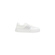 Armani Exchange Weiße Damen-Plateau-Sneaker aus Textil mit glänzender Oberfläche und silbernem Axt-Schriftzug an der Seite