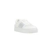 Armani Exchange Weiße Damen-Plateau-Sneaker mit glänzendem Textilfinish und silbernem Logo-Detail an der Seite
