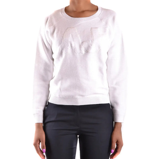 Weißer, lang geschnittener Rundhalspullover aus Baumwolle von Armani Jeans für Damen mit dezent gesticktem AJ-Logo auf der Brust.