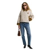 Barbour Damen-Blazer aus beigefarbener Baumwolle im Utility-Stil mit beigen und olivgrünen Details sowie Lederkragen und -manschetten
