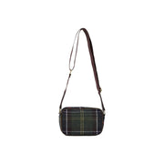 Grüne Barbour Damen-Umhängetasche aus Wollmischung mit klassischem dunkelgrünem Tartanmuster und gelben Streifen, Mini 24 cm