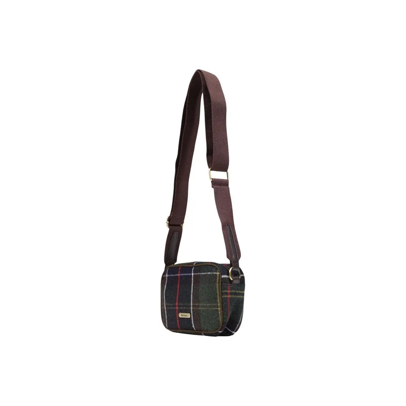 Barbour Damen-Umhängetasche, Mini-Modell aus Wollmischung, grün, mit dunkelgrünem Tartanmuster und braunem, verstellbarem Riemen