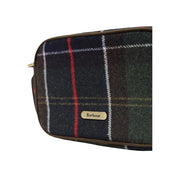 Barbour Damen-Umhängetasche, grün, Mini-Design aus Wollmischung mit dunkelblaugrün kariertem Kulturbeutel und braunem Lederbesatz