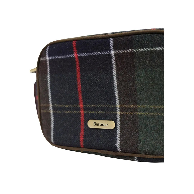 Barbour Damen-Umhängetasche, grün, Mini-Design aus Wollmischung mit dunkelblaugrün kariertem Kulturbeutel und braunem Lederbesatz