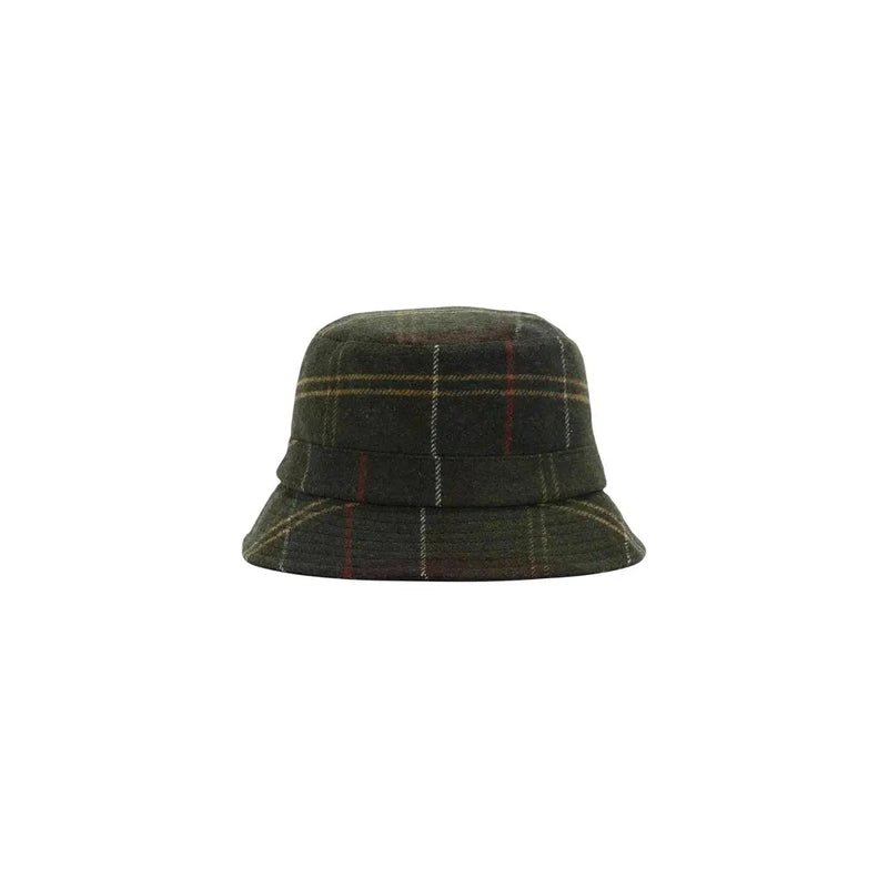 Barbour Damen-Sportmütze aus grünem Tartan-Wollmischgewebe mit dunkelgrünem Karomuster und dezenten roten und beigen Streifen