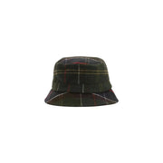 Barbour Damen-Sportmütze im Bucket-Stil, grün kariert, aus Wollmischung mit dunkelgrünem Karomuster und roten und beigen Streifen.