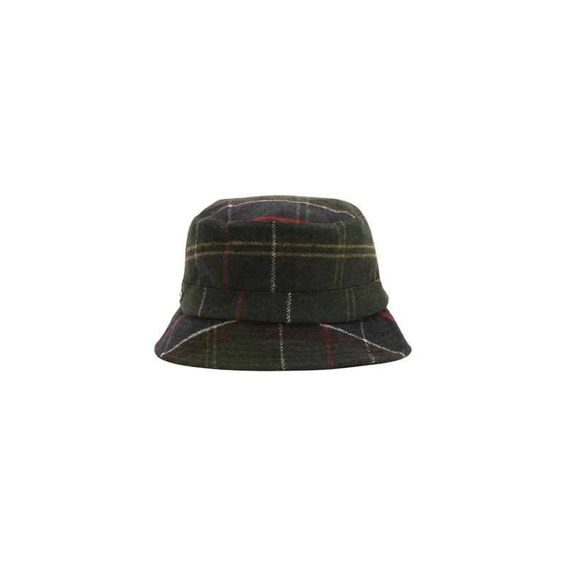 Barbour Damen-Sportmütze im Bucket-Stil, grün kariert, aus Wollmischung mit dunkelgrünem Karomuster und roten und beigen Streifen.