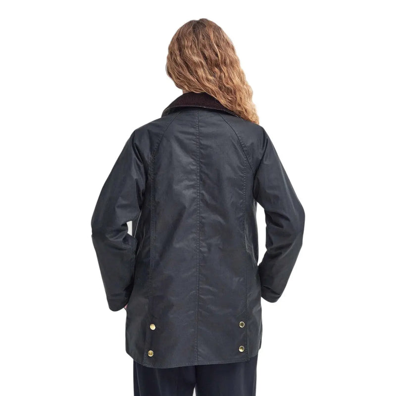 Barbour Damen-Wachsblazer, braune Baumwolljacke mit dunkelblauem, wasserdichtem Material, braunem Cordkragen und Messingknöpfen