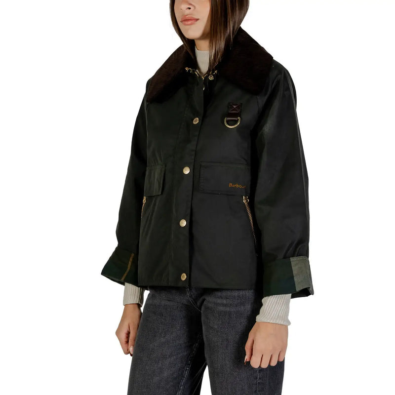 Schwarzer Barbour Damen-Wachsblazer mit dunkelbraunem Pelzkragen, goldfarbenen Knöpfen und Baumwollstoff für den Herbst