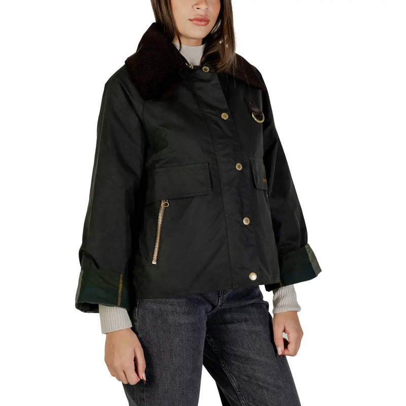 Schwarzer Barbour Damen-Wachsblazer aus Baumwolle mit flauschigem braunem Kragen und goldfarbenen Knöpfen für den Herbst