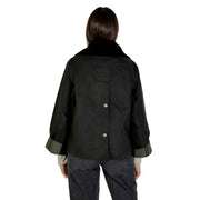 Barbour Damen-Wachsblazer, grüne Baumwoll-Herbstjacke mit schwarzem Plüschpelzkragen und olivgrünem Besatz an den Ärmelbündchen