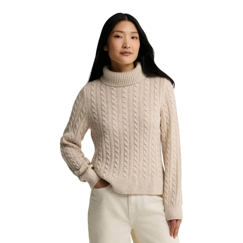 Barbour Damen-Strickpullover „Ambleside“ aus Wollmischung, beige, mit Zopfmuster, Rollkragen, gerippten Bündchen und Saum.