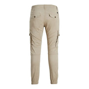 Beige cotton jack and jones mens cargo trousers with elastic cuffs and buttoned back pockets shown from the back side