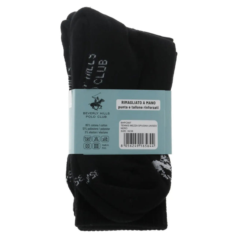 Black beverly hills polo club tennis socks with white lettering and reinforced toe and heel for men cotton blend