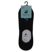 Black beverly hills polo club cotton ankle socks with white logo and foot outline on the heel back side visible