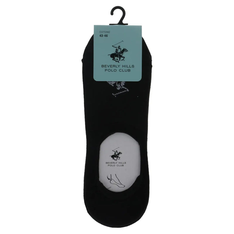 Black beverly hills polo club cotton ankle socks with white logo and foot outline on the heel back side visible
