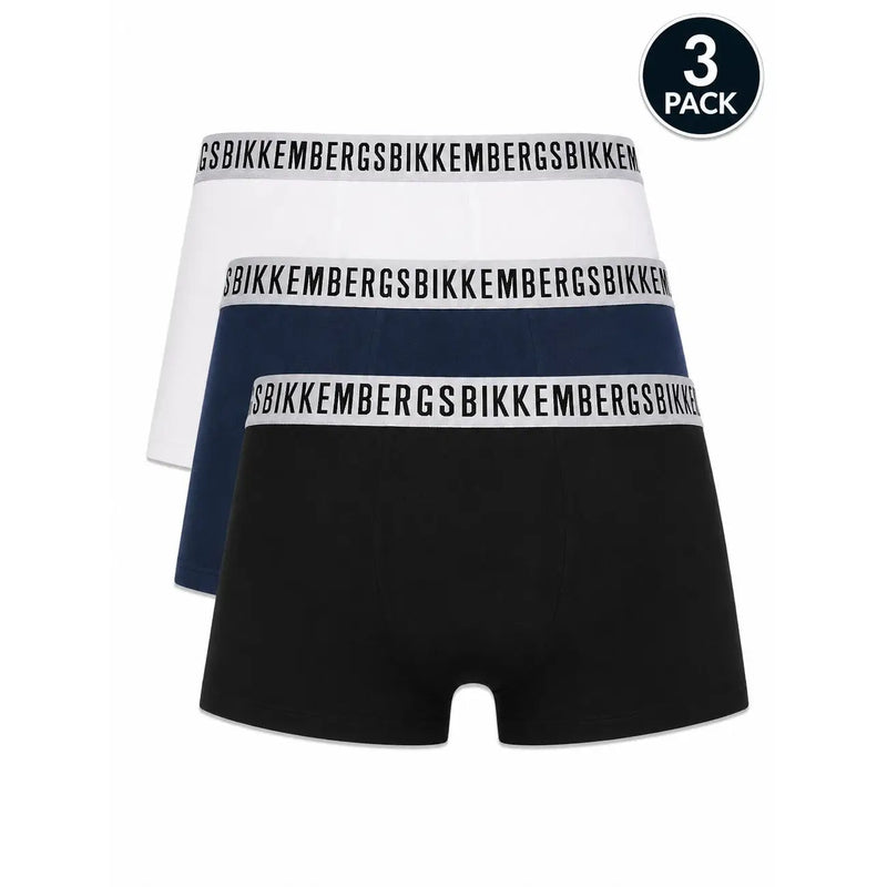 Dreierpackung bikkembergs Herren-Boxershorts aus weißem, marineblauem und schwarzem Baumwoll-Stretchmaterial mit Logobund