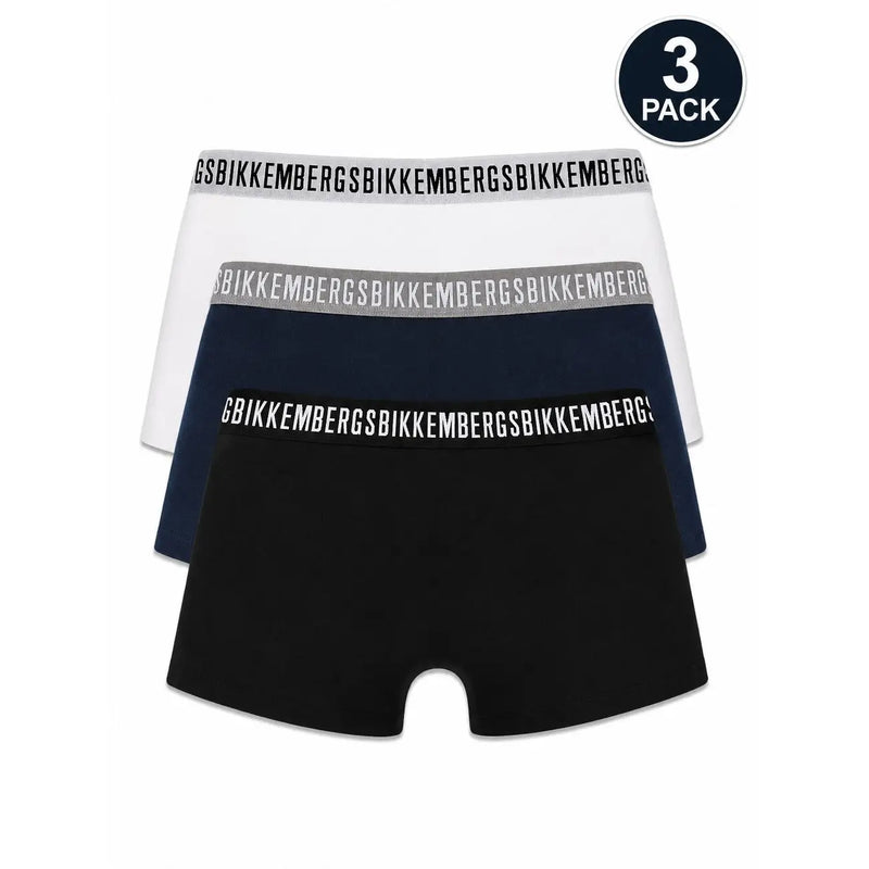 Dreierpackung Bikkembergs Herren-Boxershorts aus dehnbarem Baumwollgewebe in Weiß, Marineblau und Schwarz mit Markenbund.