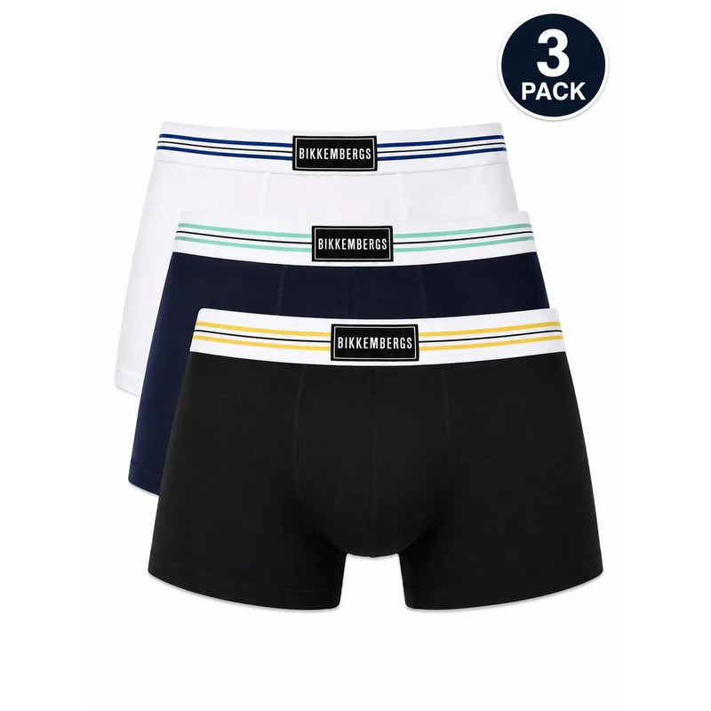 Dreierpackung bikkembergs Herren-Boxershorts aus dehnbarem Baumwollstoff in Weiß, Marineblau und Schwarz mit gestreiften Bündchen
