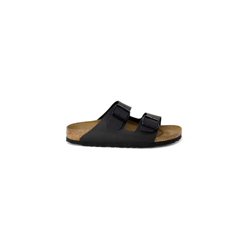 Schwarze Birkenstock Damen-Hausschuhe mit zwei verstellbaren Riemen mit Schnallen und Korkfußbett für den Alltag