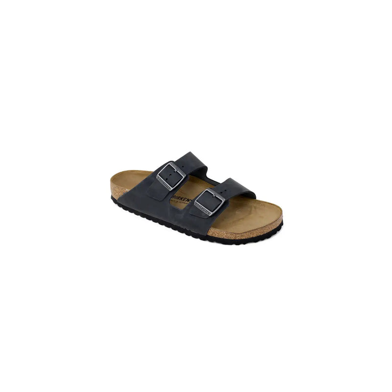 Birkenstock Damen-Sandalen Arizona aus schwarzem Leder mit zwei silbernen Schnallenriemen und Korkfußbett, Größe 3