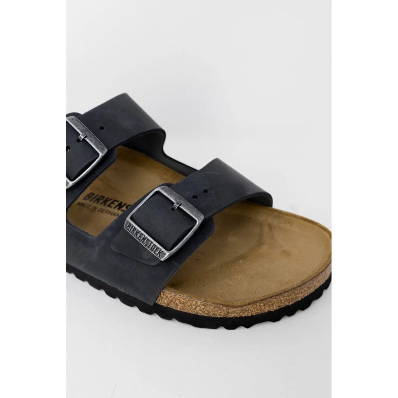Birkenstock Damen-Sandalen Arizona aus schwarzem Leder mit silberfarbenen Schnallen und Korkfußbett, Größe 3
