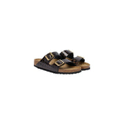Birkenstock Damen-Ledersandalen Arizona, schwarz, mit schwarzen Riemen in Krokodilprägung, goldfarbenen Schnallen und Korkfußbett