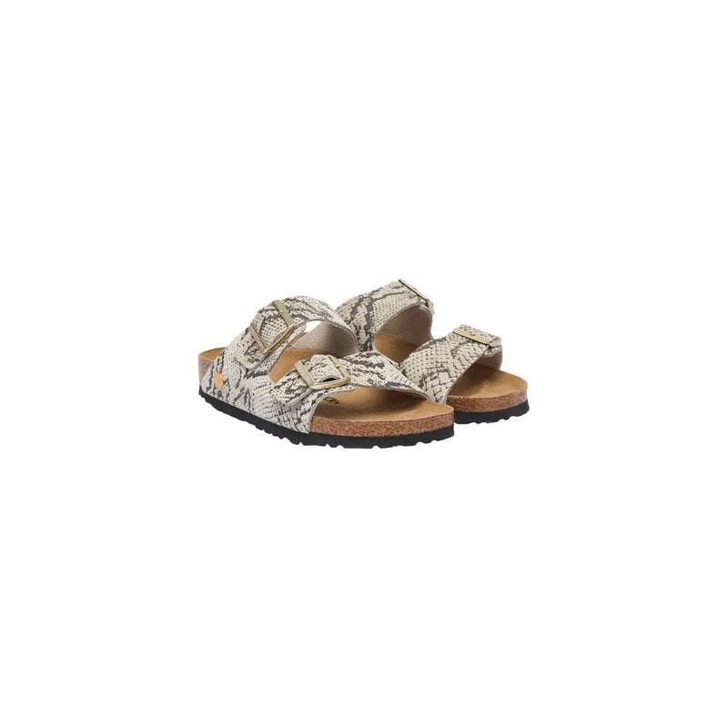 Birkenstock Damen-Ledersandalen Arizona, grau, mit beigem und grauem Schlangenmuster und goldfarbenen Schnallen