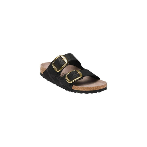 Birkenstock Damen-Sandalen Arizona aus schwarzem Kunstleder mit goldfarbenen Doppelschnallen und Korkfußbett