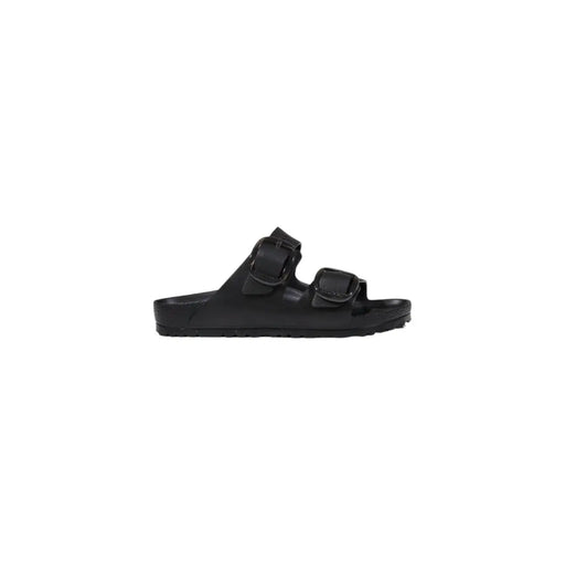 Schwarze Birkenstock Damenpantoffeln mit zwei verstellbaren Riemen und vorgeformtem Fußbett aus schwarzem Gummi